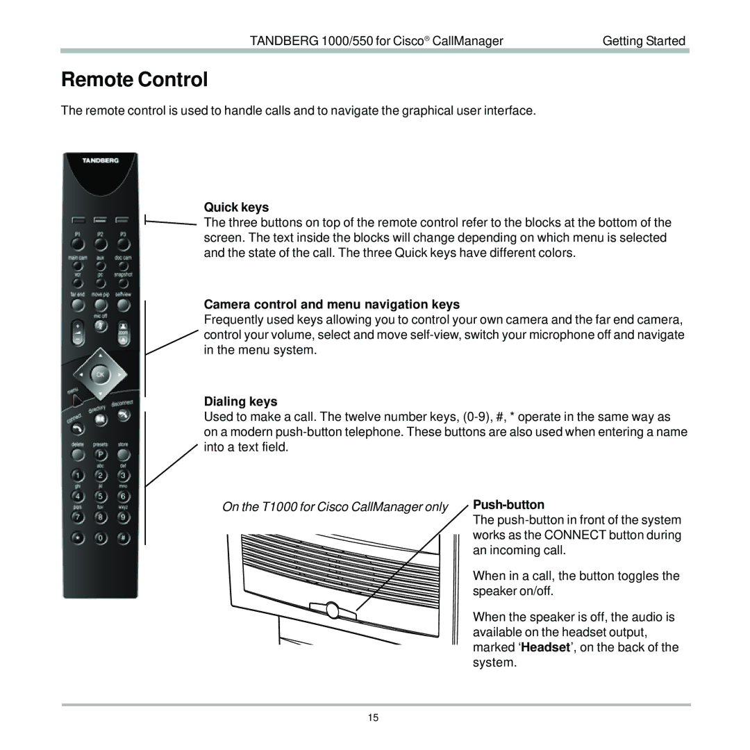 TANDBERG 550, 1000 user manual Remote Control, Quick keys, Camera control and menu navigation keys, Dialing keys 