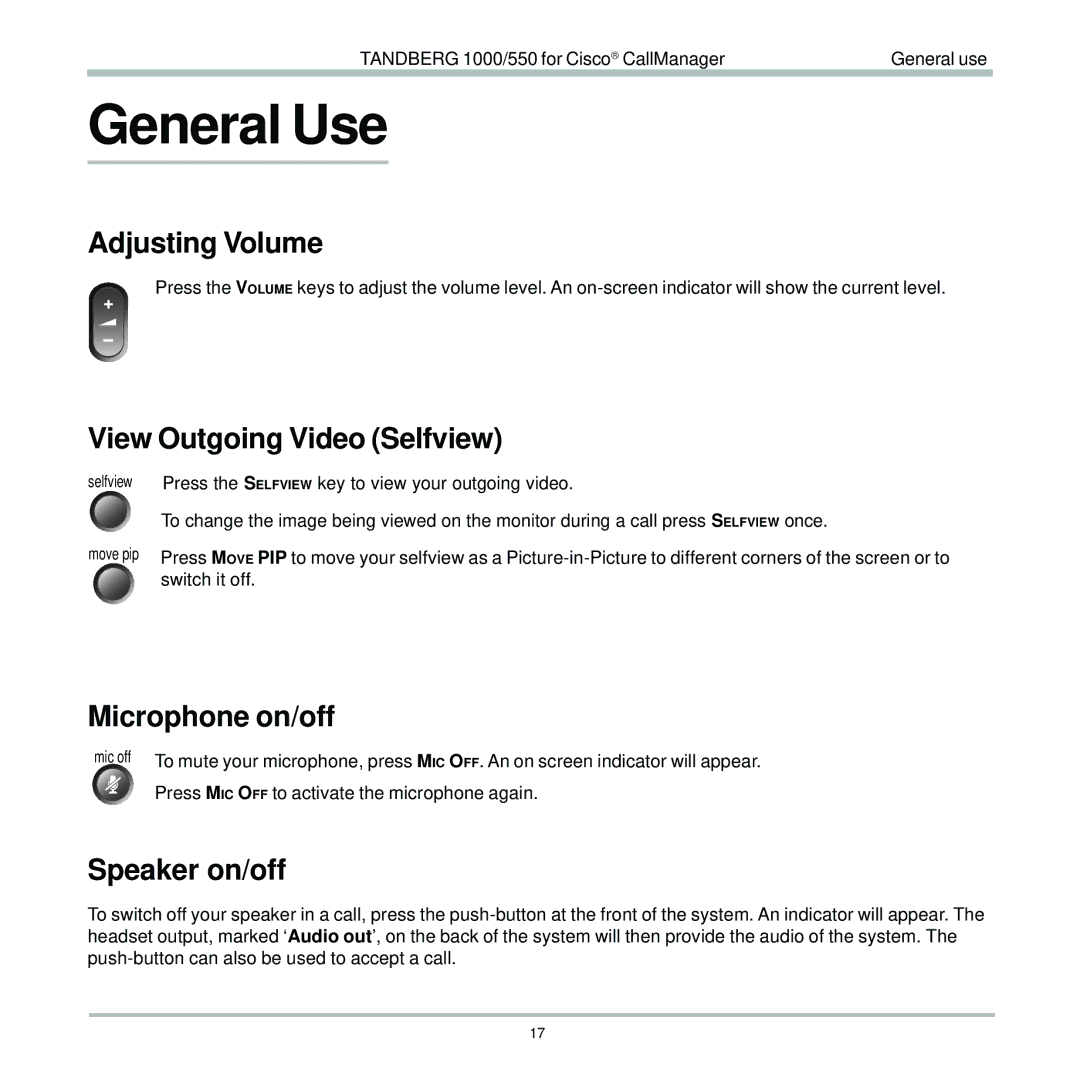 TANDBERG 550, 1000 General Use, Adjusting Volume, View Outgoing Video Selfview, Microphone on/off, Speaker on/off 