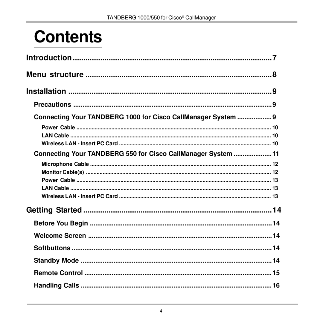 TANDBERG 1000, 550 user manual Contents 