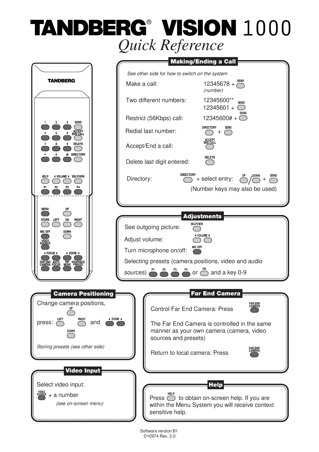 TANDBERG 1000 manual Make a call, Return to local camera Press 