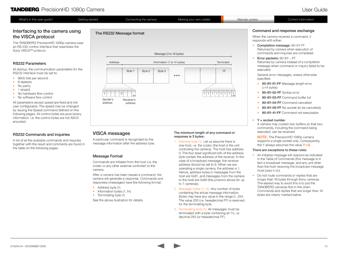 TANDBERG 1080p manual Interfacing to the camera using the Visca protocol, Visca messages 