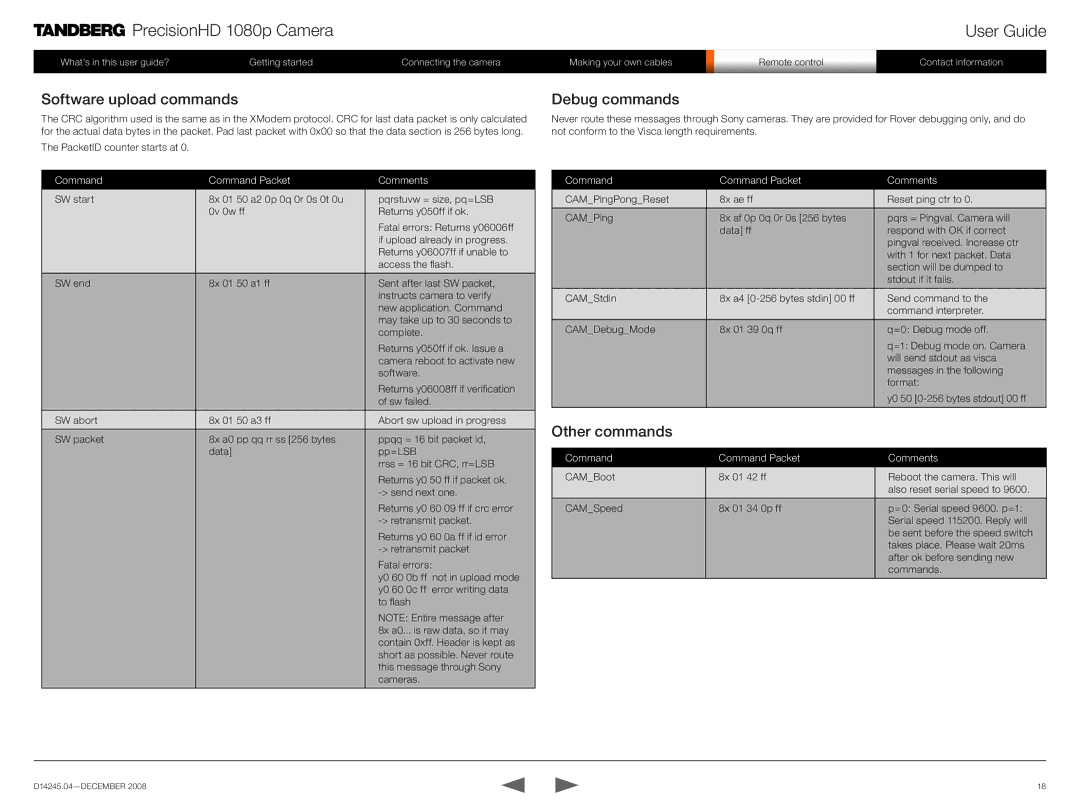 TANDBERG 1080p manual Software upload commands, Debug commands, Other commands 