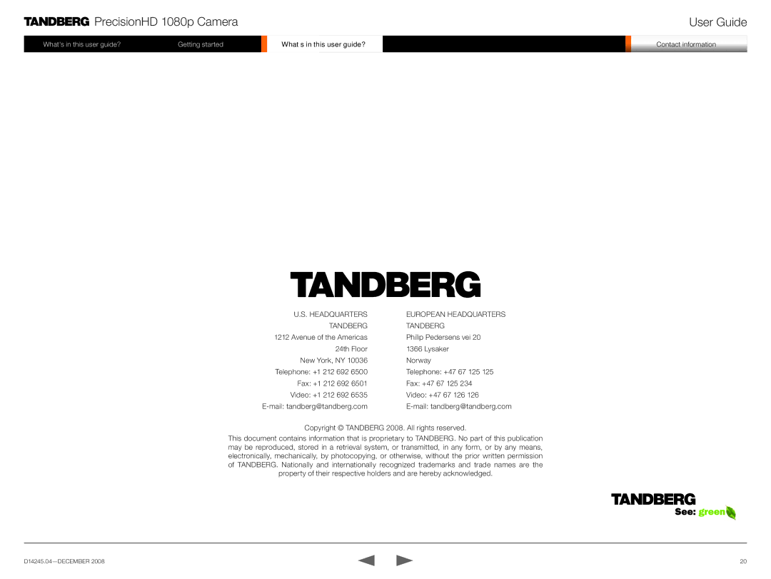 TANDBERG 1080p manual Headquarters European Headquarters Tandberg 