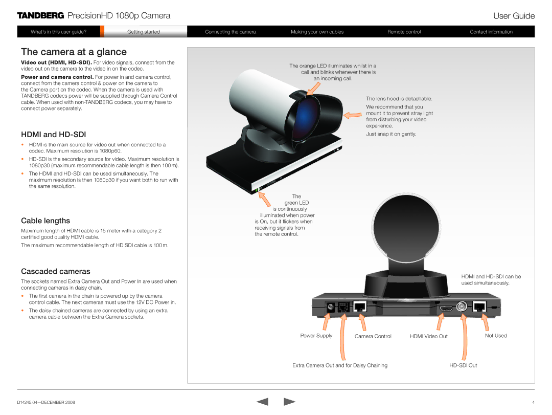 TANDBERG 1080p manual Camera at a glance, Hdmi and HD-SDI, Cable lengths, Cascaded cameras 