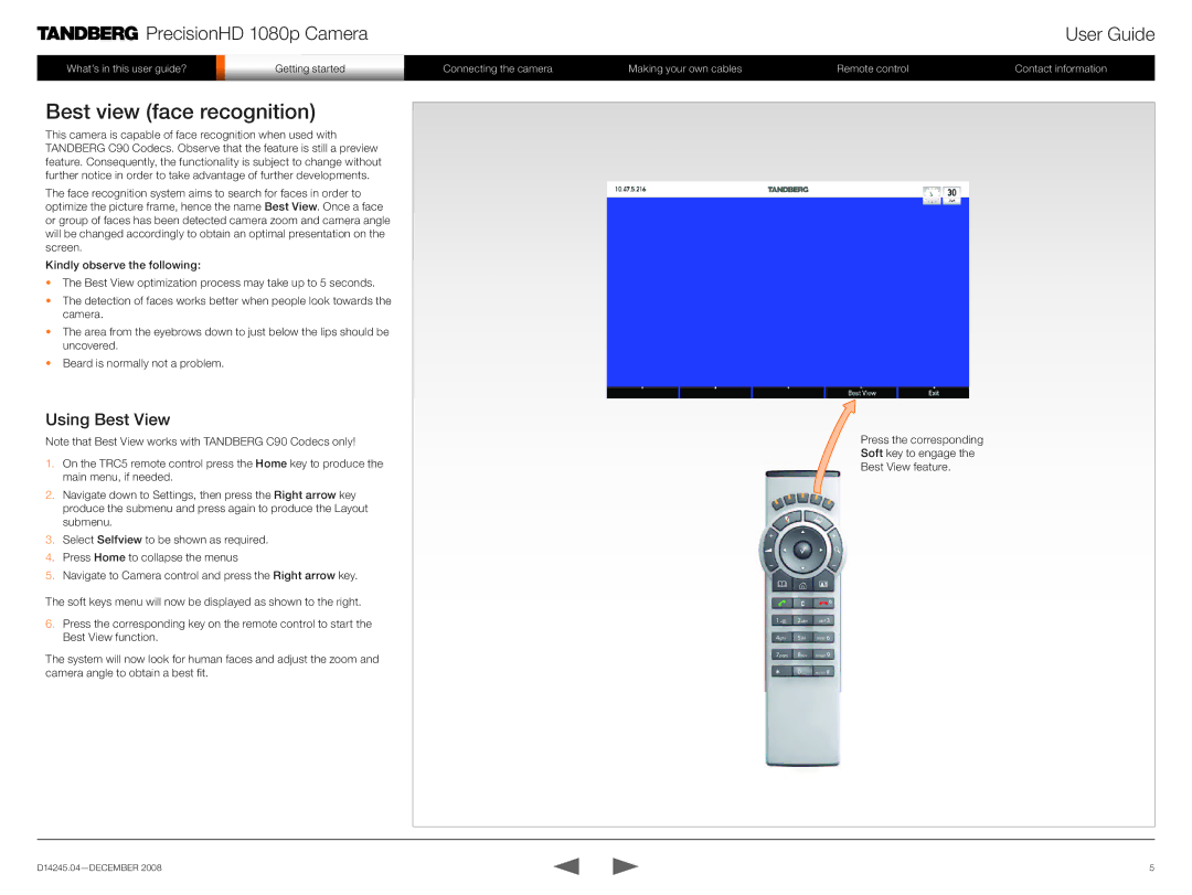 TANDBERG 1080p manual Best view face recognition, Using Best View 