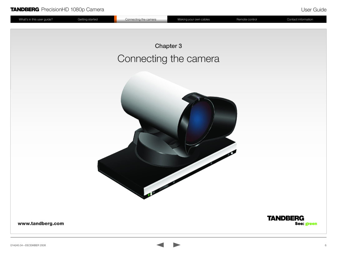 TANDBERG 1080p manual Connecting the camera, Chapter 