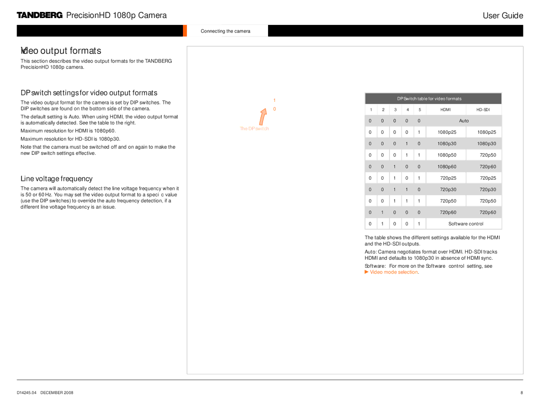 TANDBERG 1080p manual Video output formats, DIP switch settings for video output formats, Line voltage frequency 