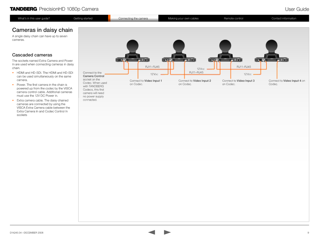 TANDBERG 1080p manual Cameras in daisy chain, Cascaded cameras 