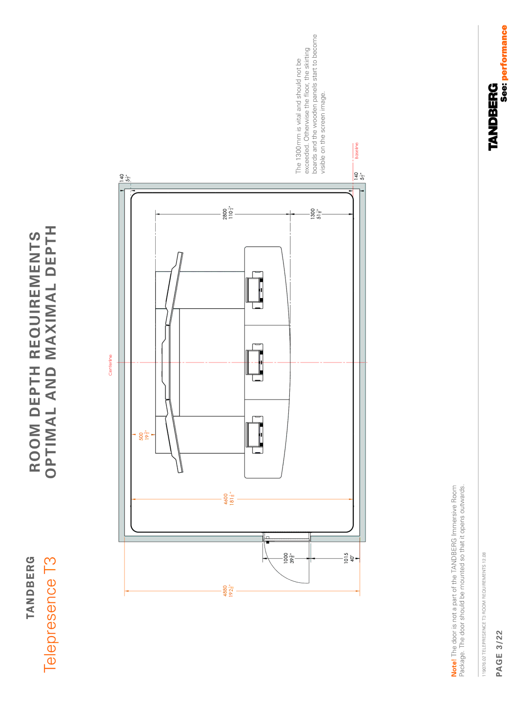 TANDBERG 119076.02 dimensions Room Depth Requirements, Optimal and maximal depth, 3/22 