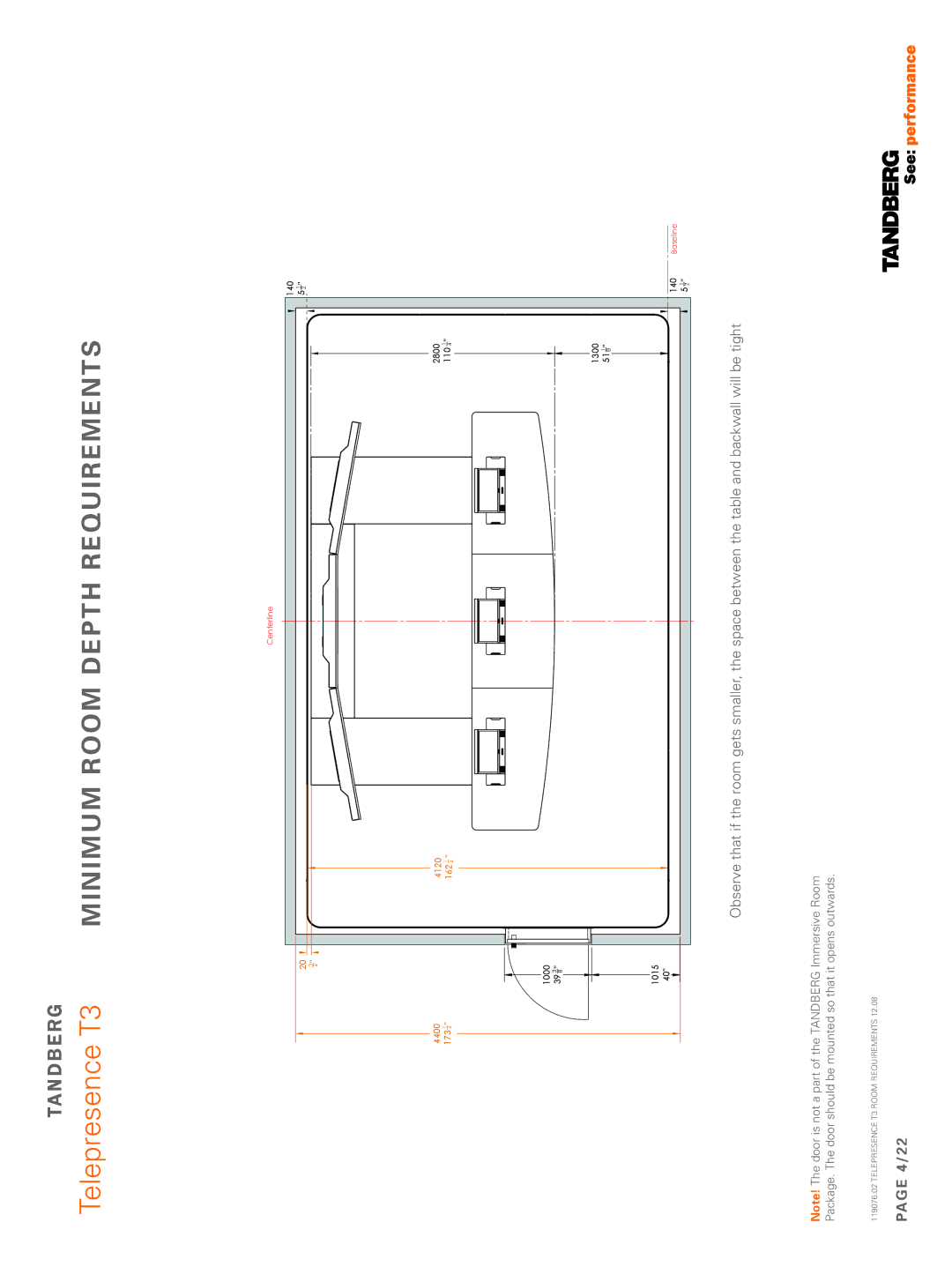 TANDBERG 119076.02 dimensions Telepresence T3 Minimum Room Depth Requirements, 4/22 