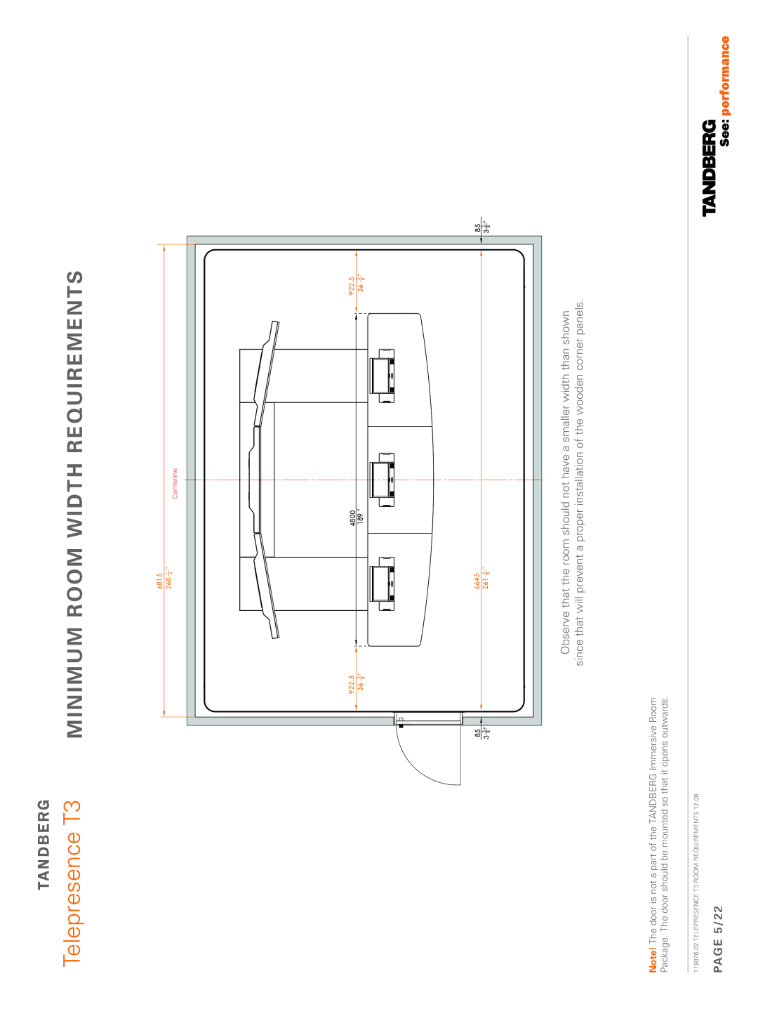 TANDBERG 119076.02 dimensions Minimum Room Width Requirements, 5/22 