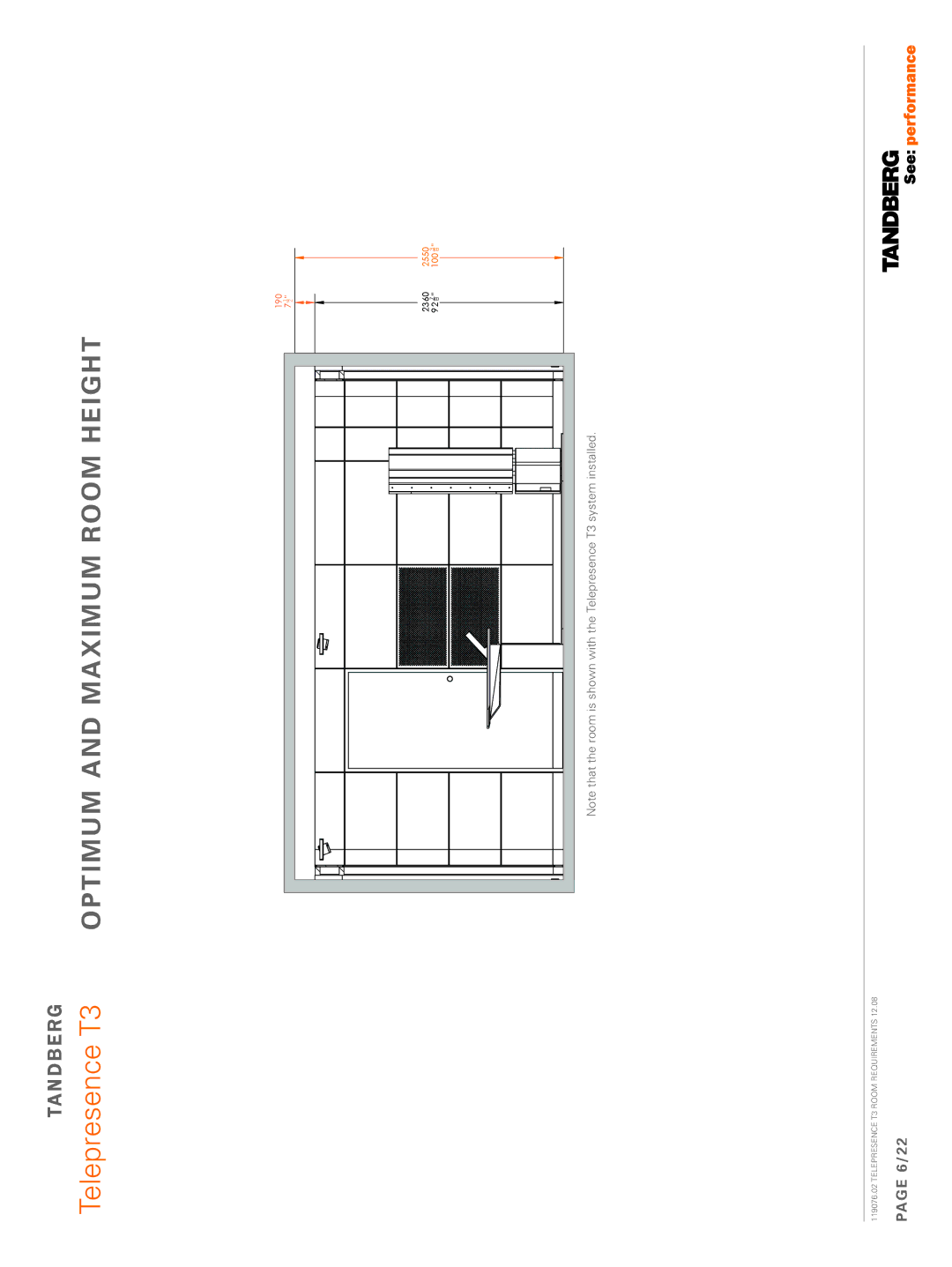 TANDBERG 119076.02 dimensions Telepresence T3 Optimum and maximum Room Height, 6/22 