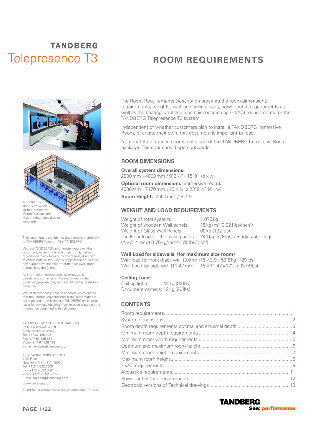 TANDBERG 119076.02 dimensions Room Requirements, Room dimensions, Weight and load requirements, contents, Ceiling Load 