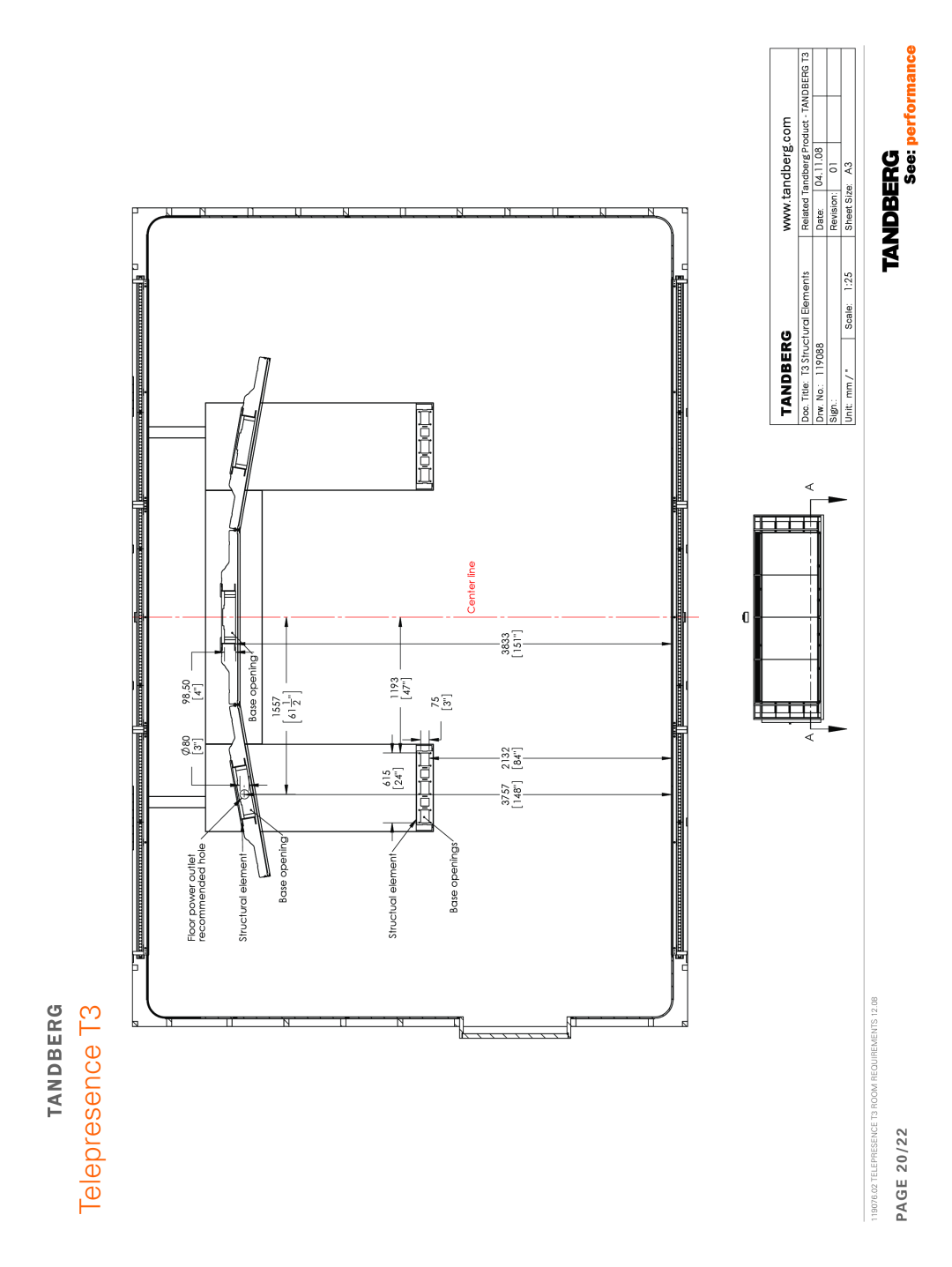 TANDBERG 119076.02 dimensions PAGE 20/22, Telepresence T3, Tandberg, Center line 