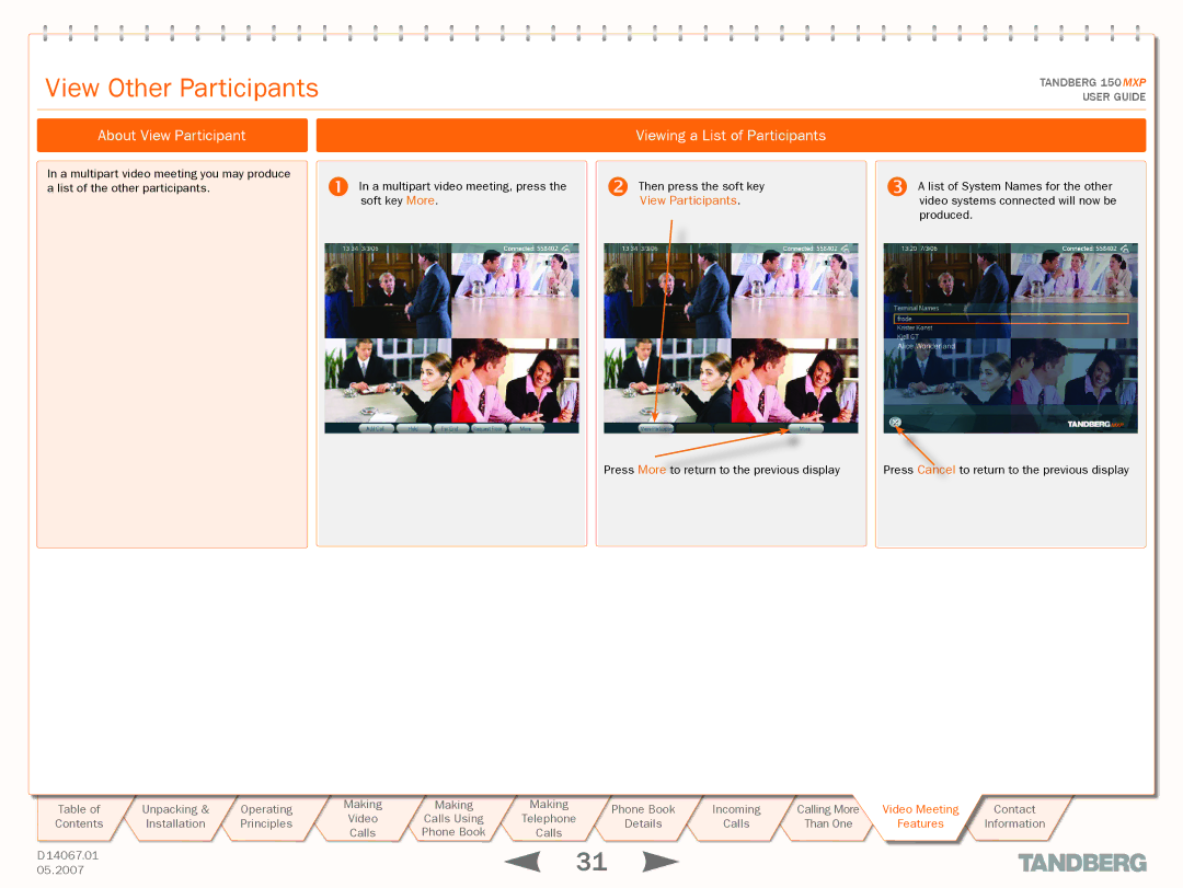 TANDBERG 150MXP manual View Other Participants, About View Participant Viewing a List of Participants,  View Participants 