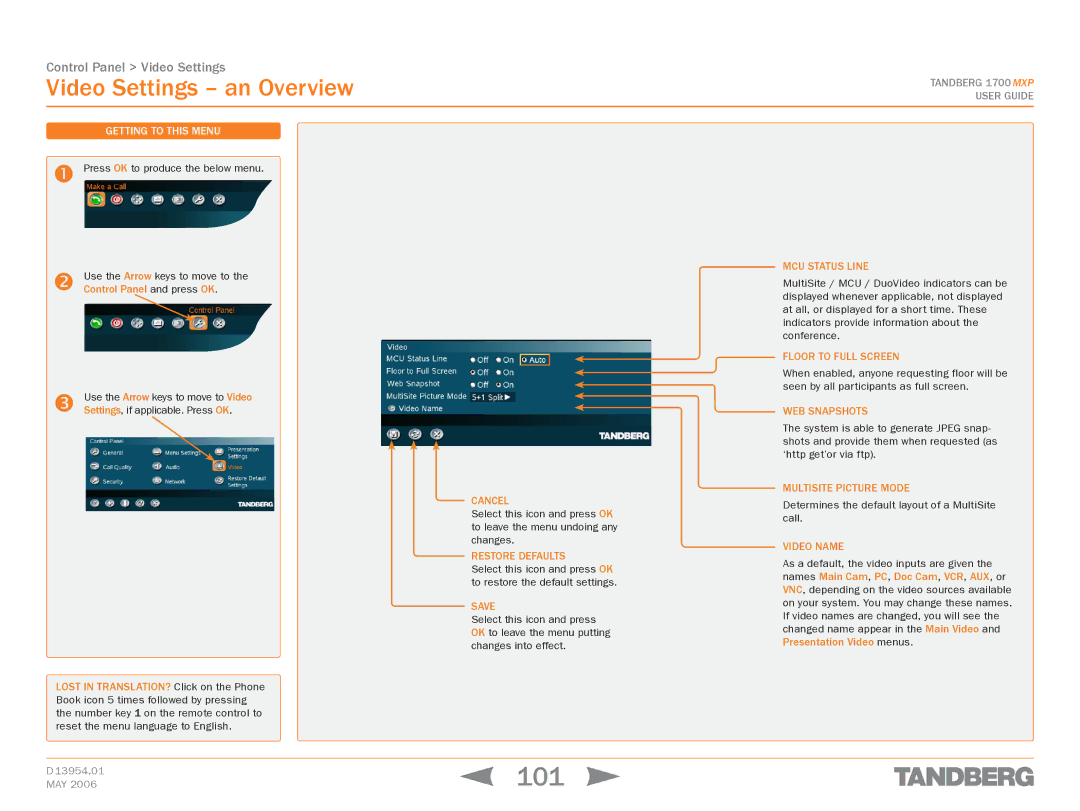 TANDBERG 1700 MXP manual 101, Video Settings an Overview 