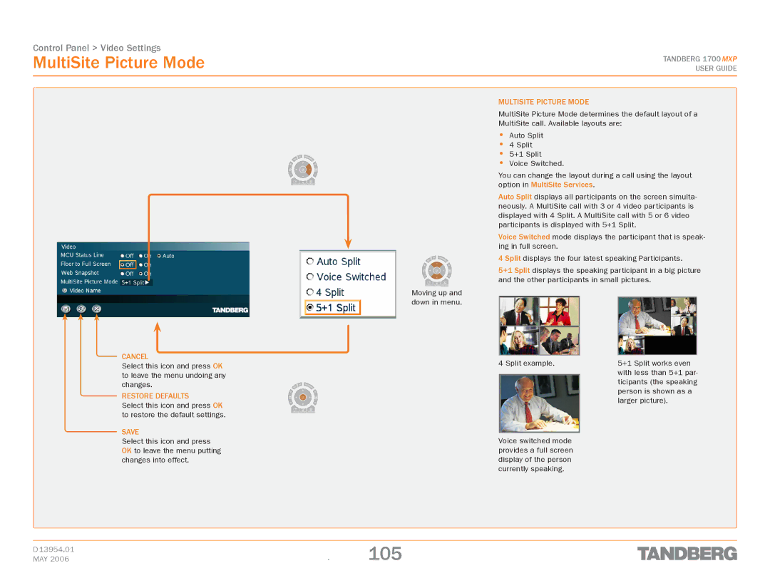 TANDBERG 1700 MXP manual 105, MultiSite Picture Mode, Multisite picture mode 