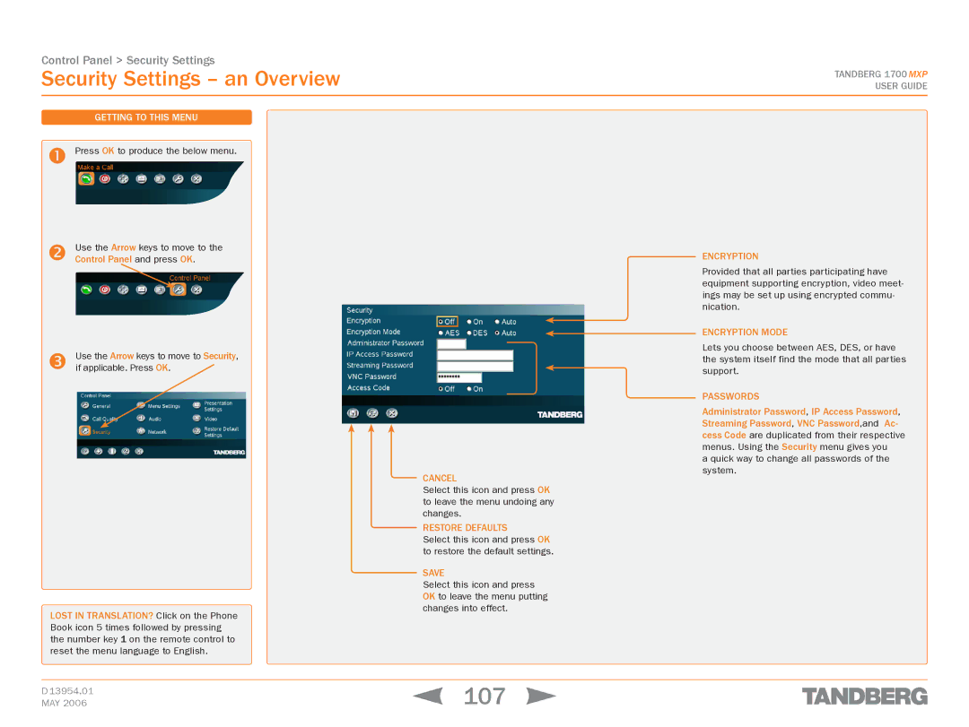 TANDBERG 1700 MXP manual 107, Security Settings an Overview, Encryption mode, Passwords 