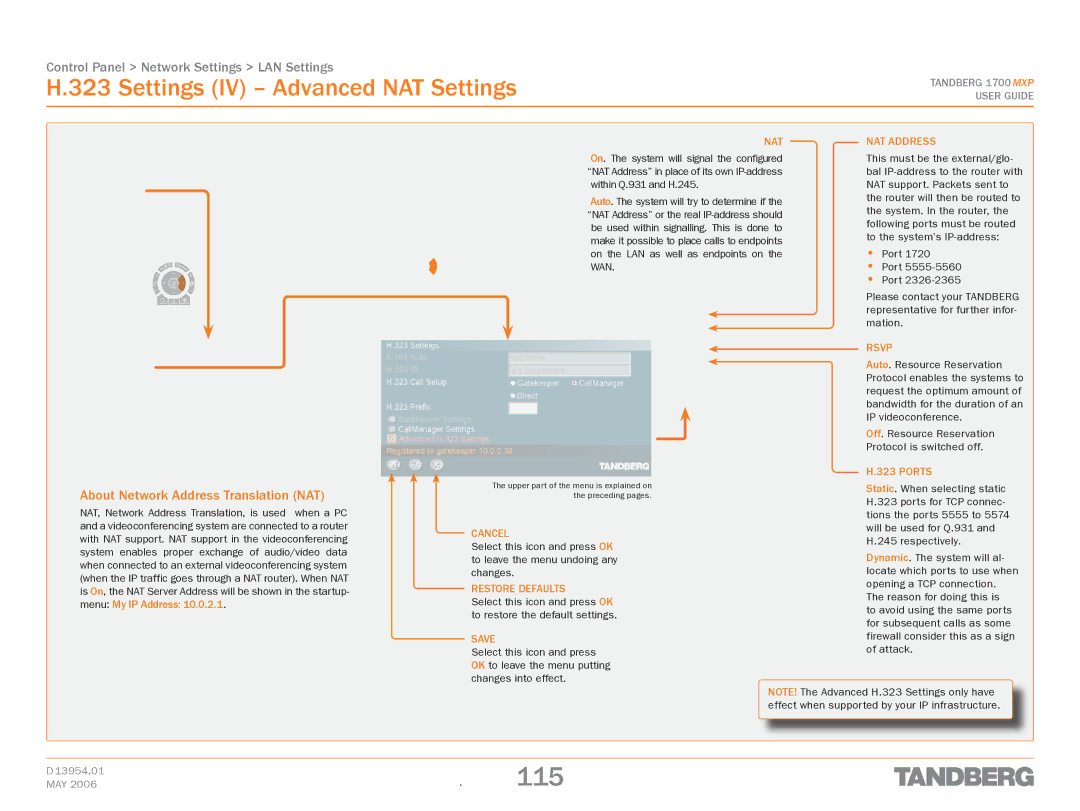 TANDBERG 1700 MXP manual 115, Settings IV Advanced NAT Settings, About Network Address Translation nat, NAT Address, Ports 