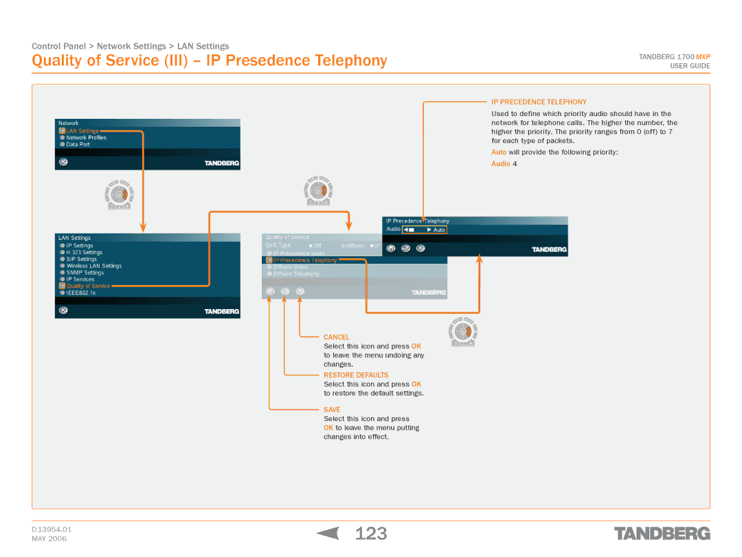 TANDBERG 1700 MXP manual 123, Quality of Service III IP Presedence Telephony, IP Precedence Telephony, Audio 