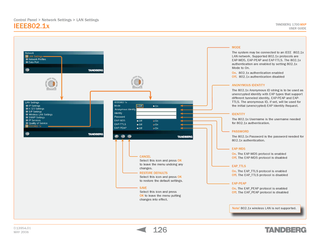 TANDBERG 1700 MXP manual 126, IEEE802.1x, Anonymous Identity 