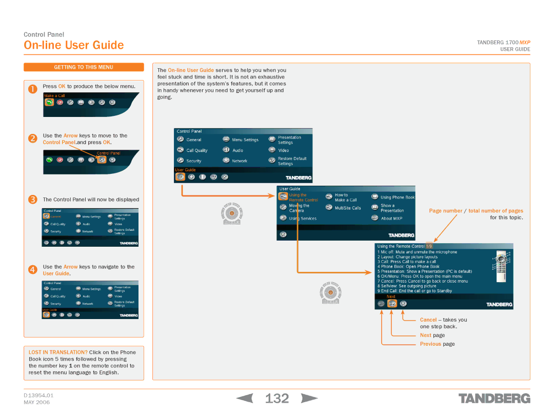 TANDBERG 1700 MXP manual 132, On-line User Guide, Number / total number of pages for this topic 