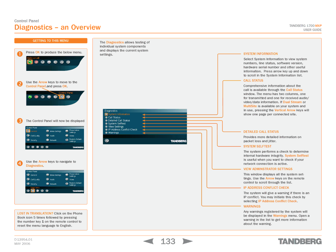 TANDBERG 1700 MXP manual 133, Diagnostics an Overview 