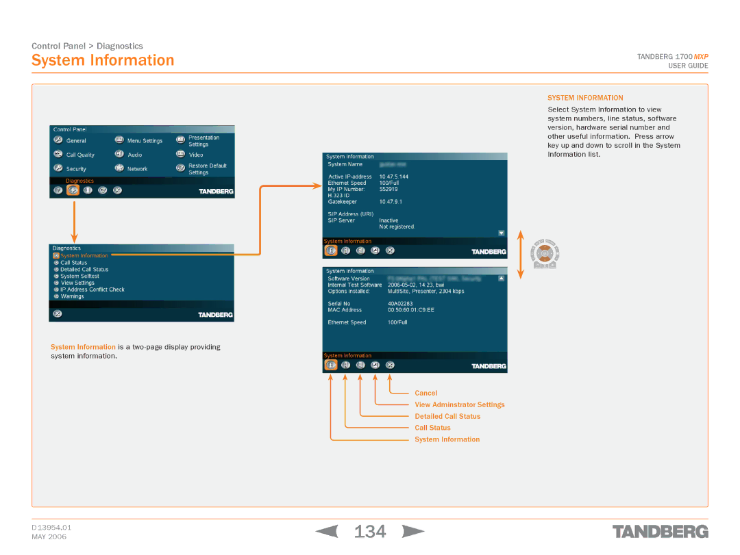 TANDBERG 1700 MXP manual 134, System Information 