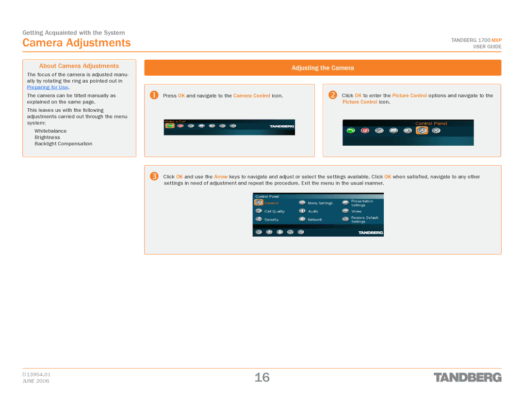 TANDBERG 1700 MXP manual About Camera Adjustments, Adjusting the Camera, Picture Control icon 