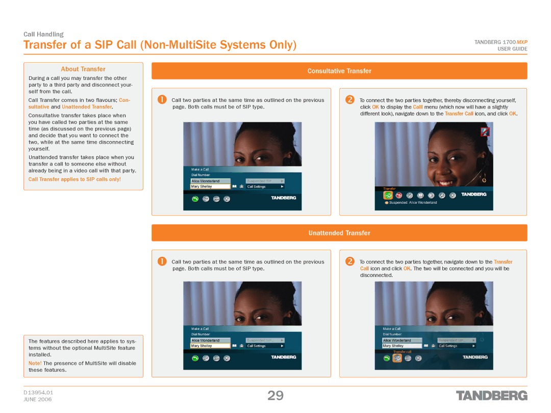 TANDBERG 1700 MXP manual Transfer of a SIP Call Non-MultiSite Systems Only, About Transfer, Consultative Transfer 