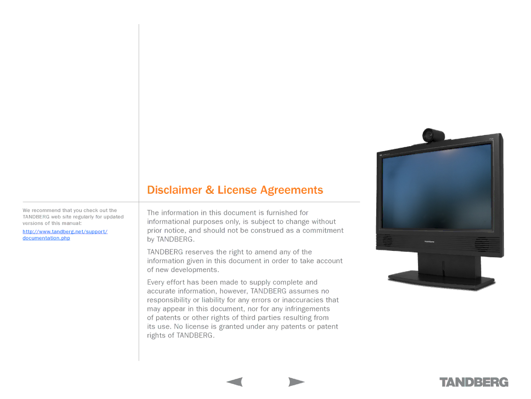 TANDBERG 1700 MXP manual Disclaimer & License Agreements 