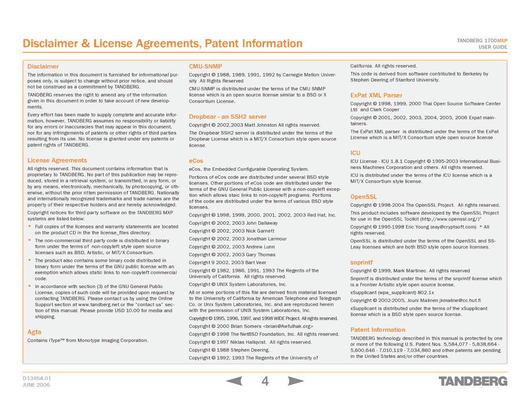 TANDBERG 1700 MXP manual Disclaimer & License Agreements, Patent Information 