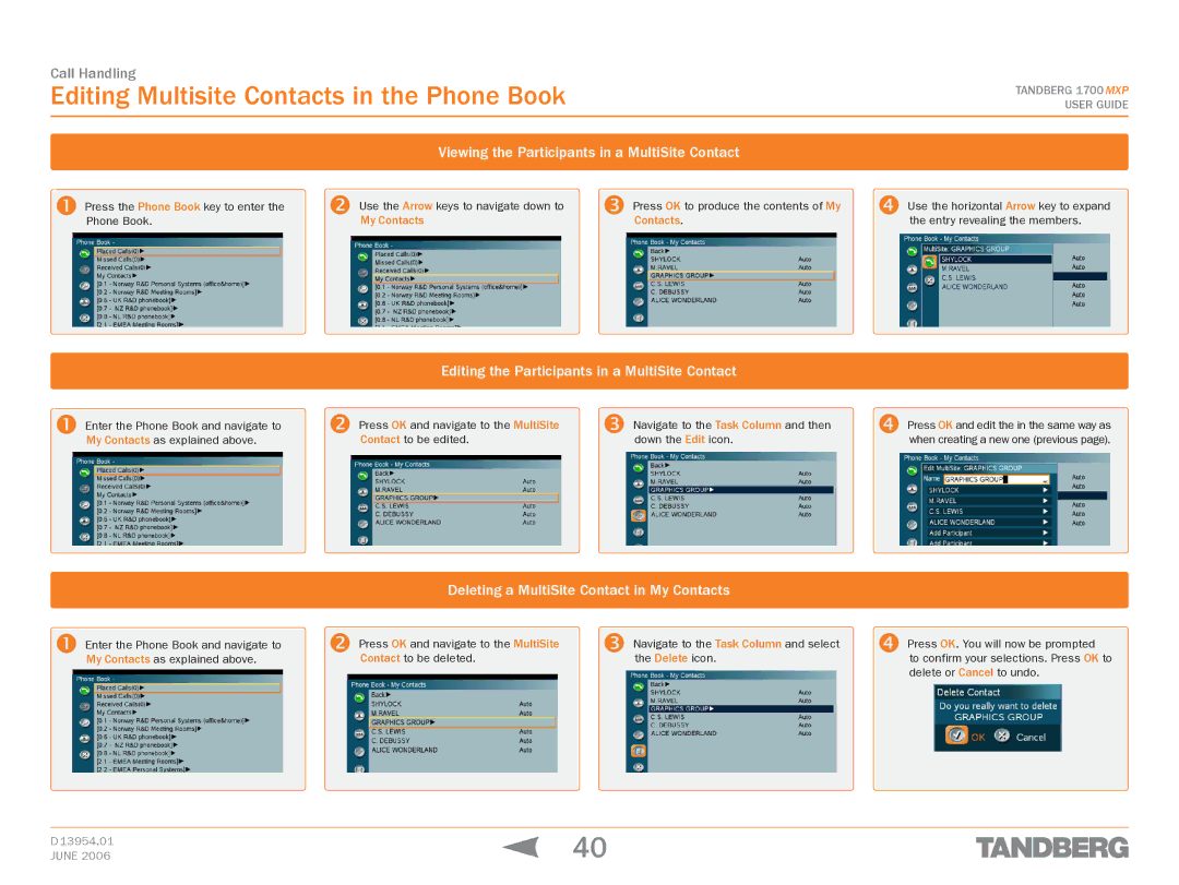 TANDBERG 1700 MXP manual Editing Multisite Contacts in the Phone Book, Viewing the Participants in a MultiSite Contact 