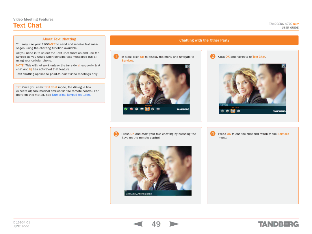TANDBERG 1700 MXP manual About Text Chatting, Chatting with the Other Party, Services 