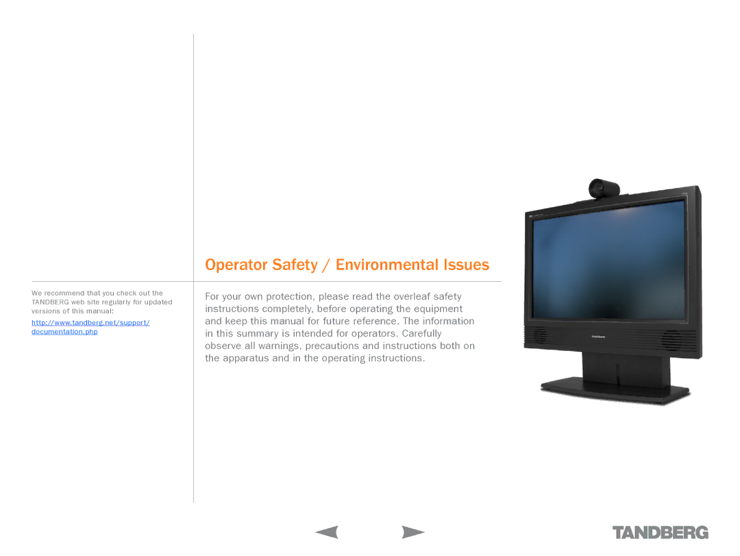 TANDBERG 1700 MXP manual Operator Safety / Environmental Issues 