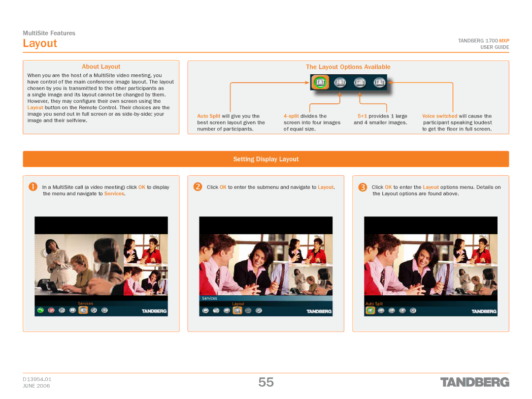 TANDBERG 1700 MXP manual About Layout, Layout Options Available, Setting Display Layout 