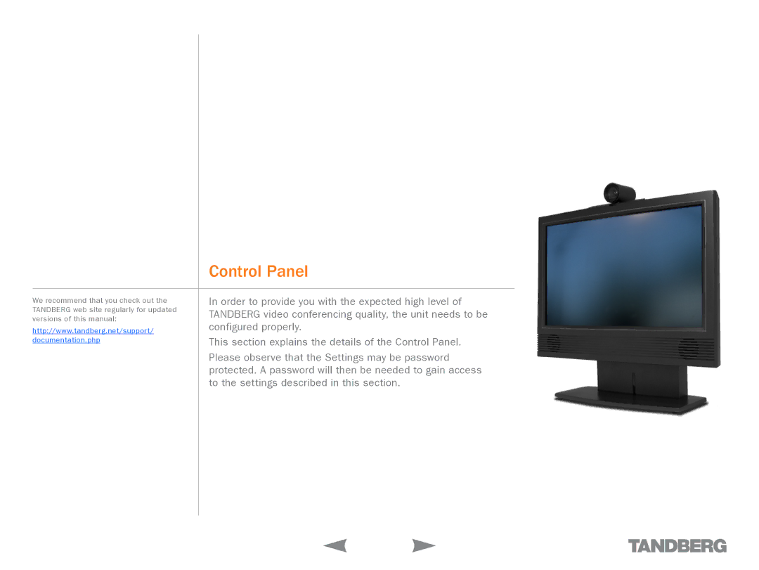 TANDBERG 1700 MXP manual Control Panel 