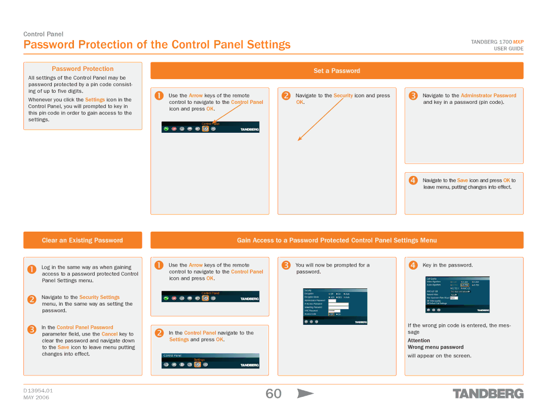 TANDBERG 1700 MXP manual Password Protection of the Control Panel Settings, Set a Password, Clear an Existing Password 