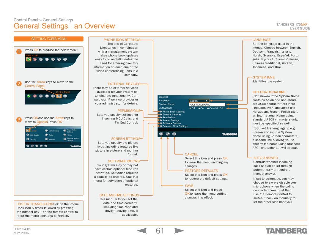 TANDBERG 1700 MXP manual General Settings an Overview 