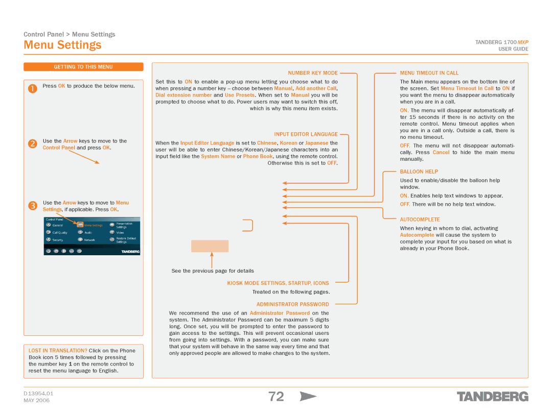 TANDBERG 1700 MXP manual Menu Settings 