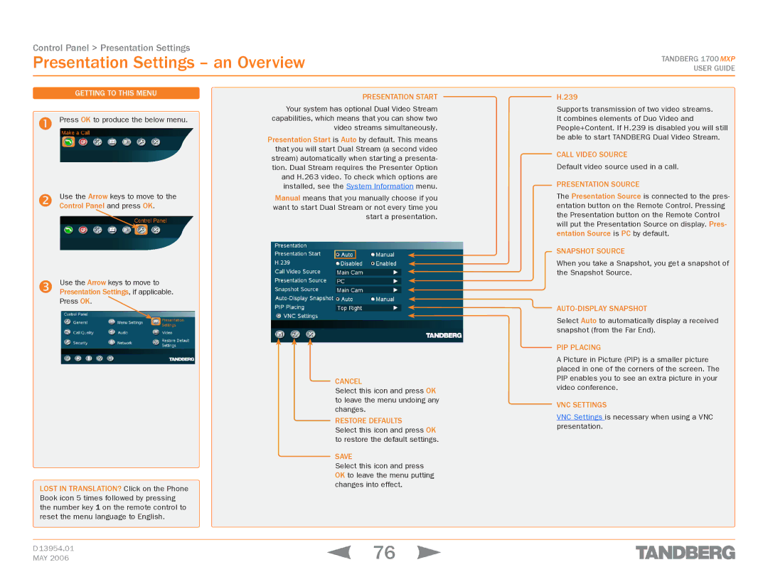 TANDBERG 1700 MXP manual Presentation Settings an Overview 