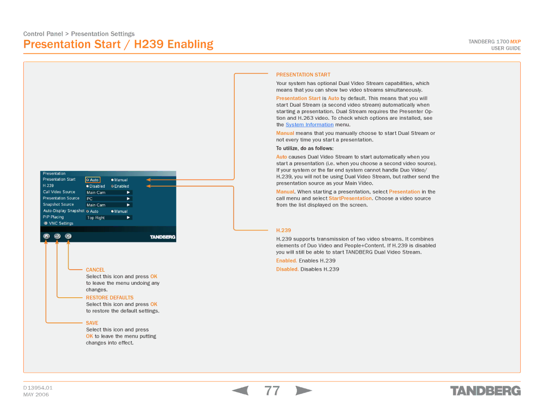 TANDBERG 1700 MXP manual Presentation Start / H239 Enabling 