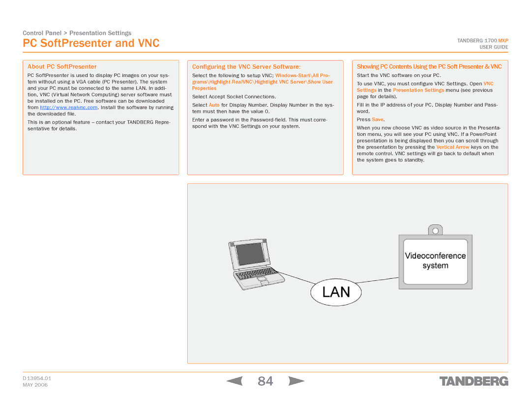 TANDBERG 1700 MXP manual PC SoftPresenter and VNC, About PC SoftPresenter, Configuring the VNC Server Software 