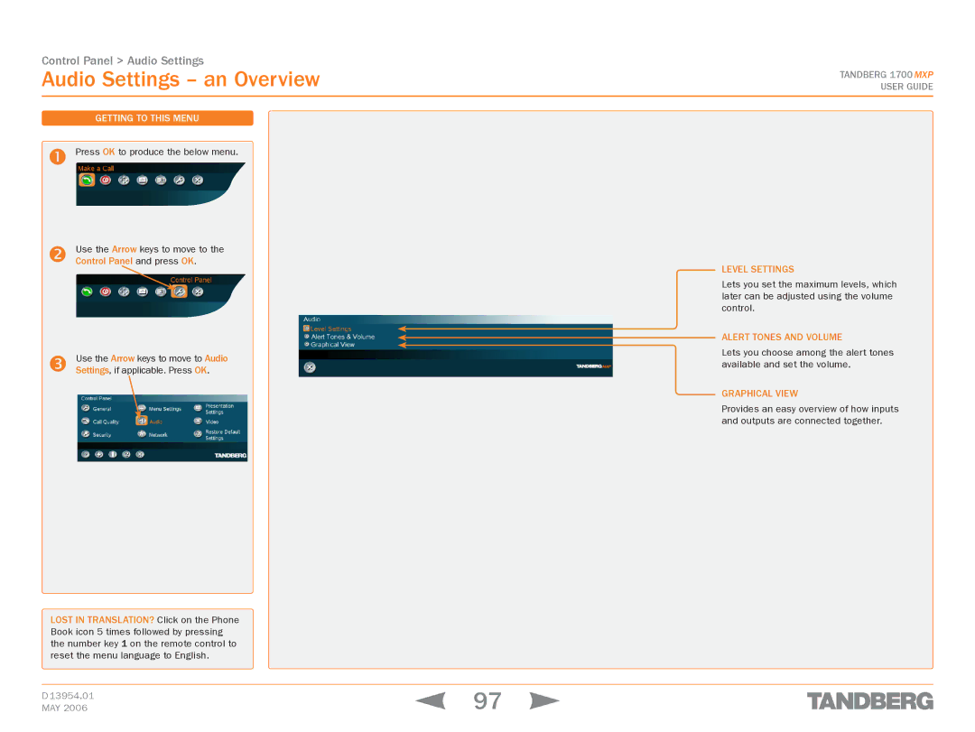 TANDBERG 1700 MXP manual Audio Settings an Overview, Level Settings, Alert Tones and Volume, Graphical View 