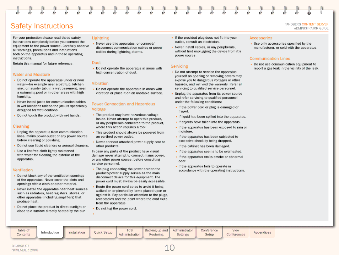 TANDBERG 1D13898.07 manual Safety Instructions, Lightning 