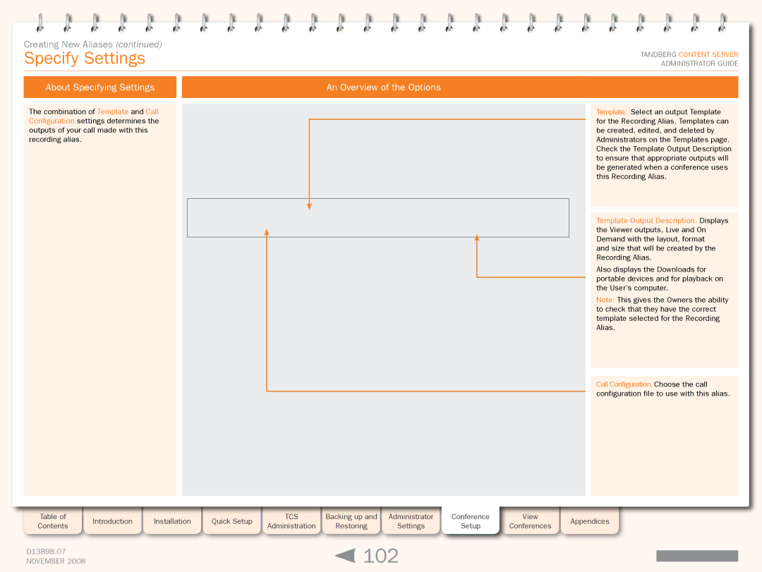 TANDBERG 1D13898.07 manual 102, Specify Settings, About Specifying Settings An Overview of the Options 