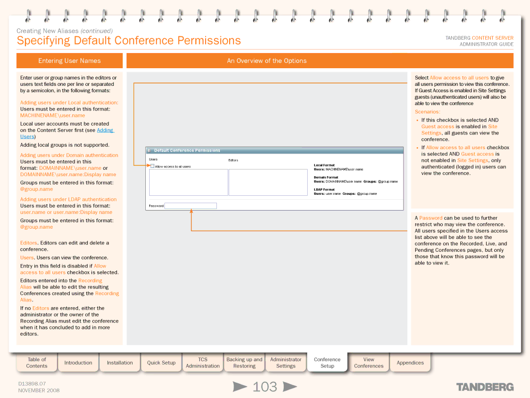 TANDBERG 1D13898.07 manual 103, Specifying Default Conference Permissions, Entering User Names An Overview of the Options 