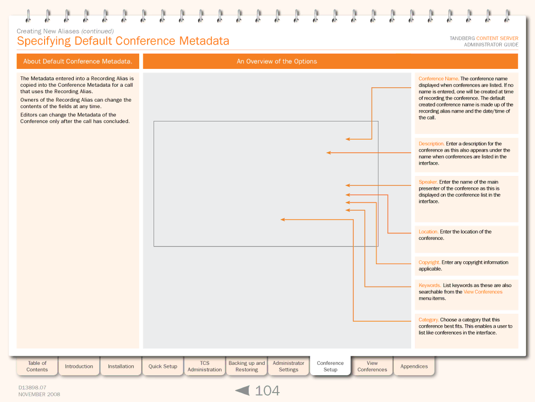 TANDBERG 1D13898.07 manual 104, Specifying Default Conference Metadata 