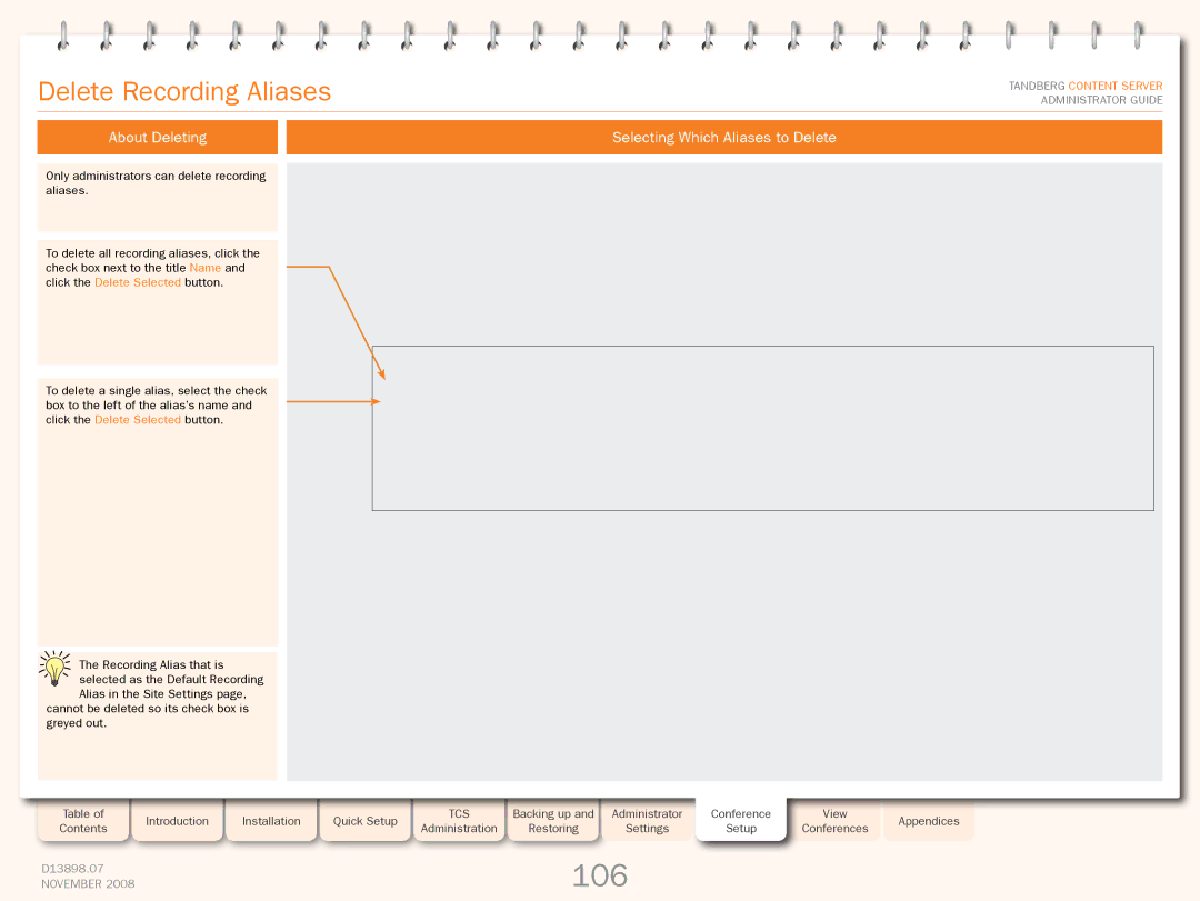 TANDBERG 1D13898.07 manual 106, Delete Recording Aliases, About Deleting 