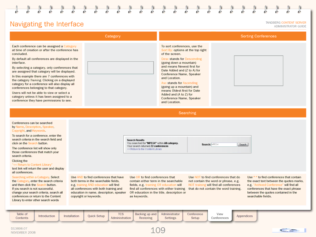 TANDBERG 1D13898.07 manual 109, Navigating the Interface, Category, Sorting Conferences, Searching 